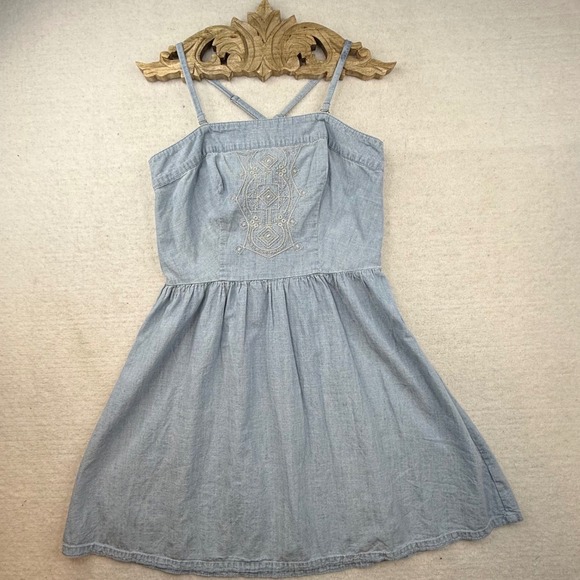 Merona‎ Denim Embroider Sundress Size 8 Spaghetti Strap strapless retro 90s Y2K - Picture 2 of 14